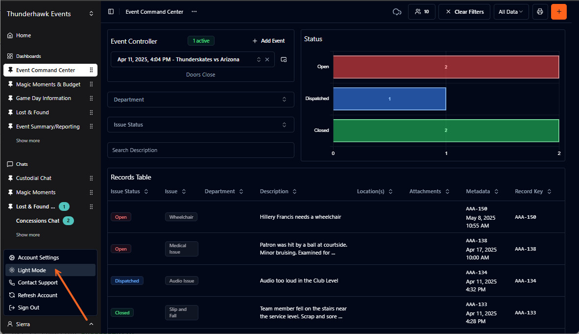 User Menu options